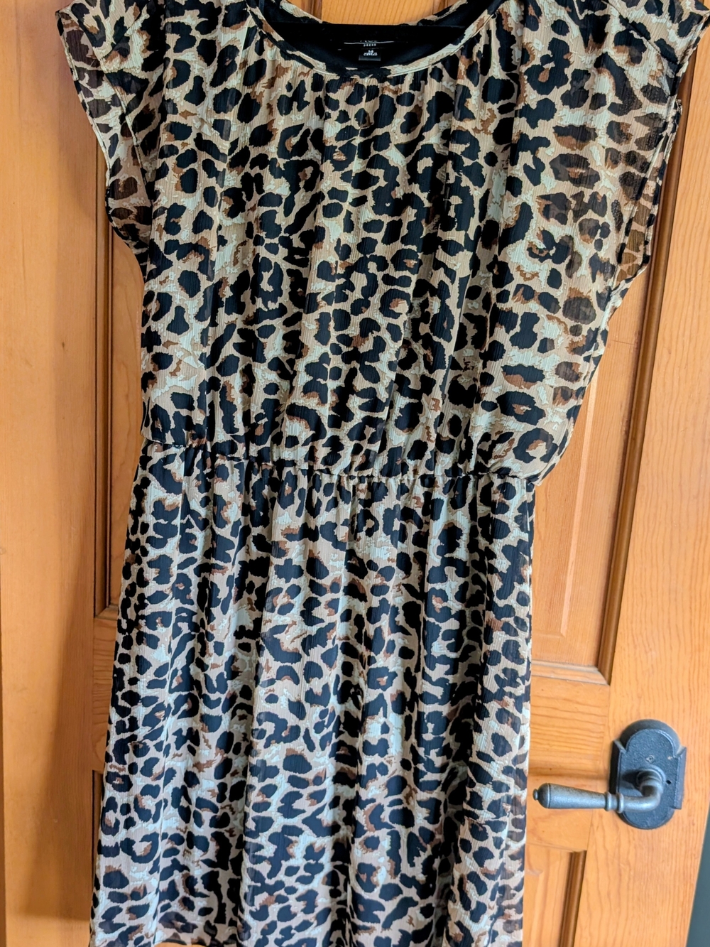 Leopard Print Midi Dress with Elastic Waist - Black & Brown